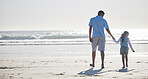 Beach, holding hands and dad and kid walking for outdoor wellness, nature freedom and fresh air on Brazil holiday. Ocean sea water, mockup view and back of family, father and youth child bonding
