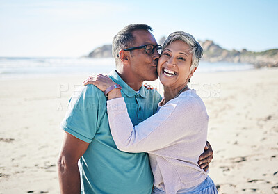 Buy stock photo Beach, kiss and portrait of senior couple for bonding, quality time and relax in nature. Love, retirement and happy elderly man and woman embrace by ocean on holiday, vacation and travel in morning