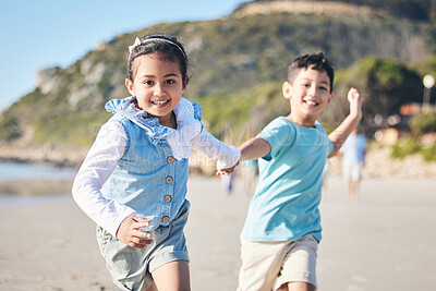 Buy stock photo Children, brother and sister running at beach, portrait and holding hands with smile, adventure and holiday. Young kids, happy and playful with race, games and freedom by ocean for summer in Hawaii