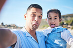 Father, daughter and funny face in beach selfie, portrait or memory together in summer, vacation or outdoor. Man, young girl kid and comic for photography, profile picture or holiday on social media