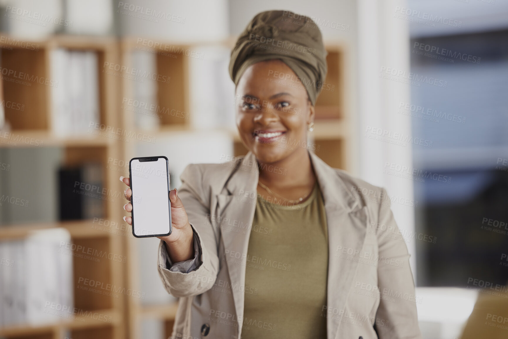 Buy stock photo Phone screen, mockup and black woman in business on mobile app, ux design or website space. Portrait of happy female worker with presentation of smartphone, mock up and advertising digital ui data