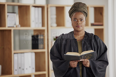 Buy stock photo Portrait, black woman or lawyer with book, constitution research or education in law firm office. Justice, advocate or proud African attorney with knowledge, empowerment or info for legal agency