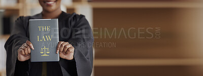 Buy stock photo Hands, banner or judge with book, constitution research or education for learning the justice system. Lawyer, advocate or closeup of attorney studying legal knowledge or court info with mockup space