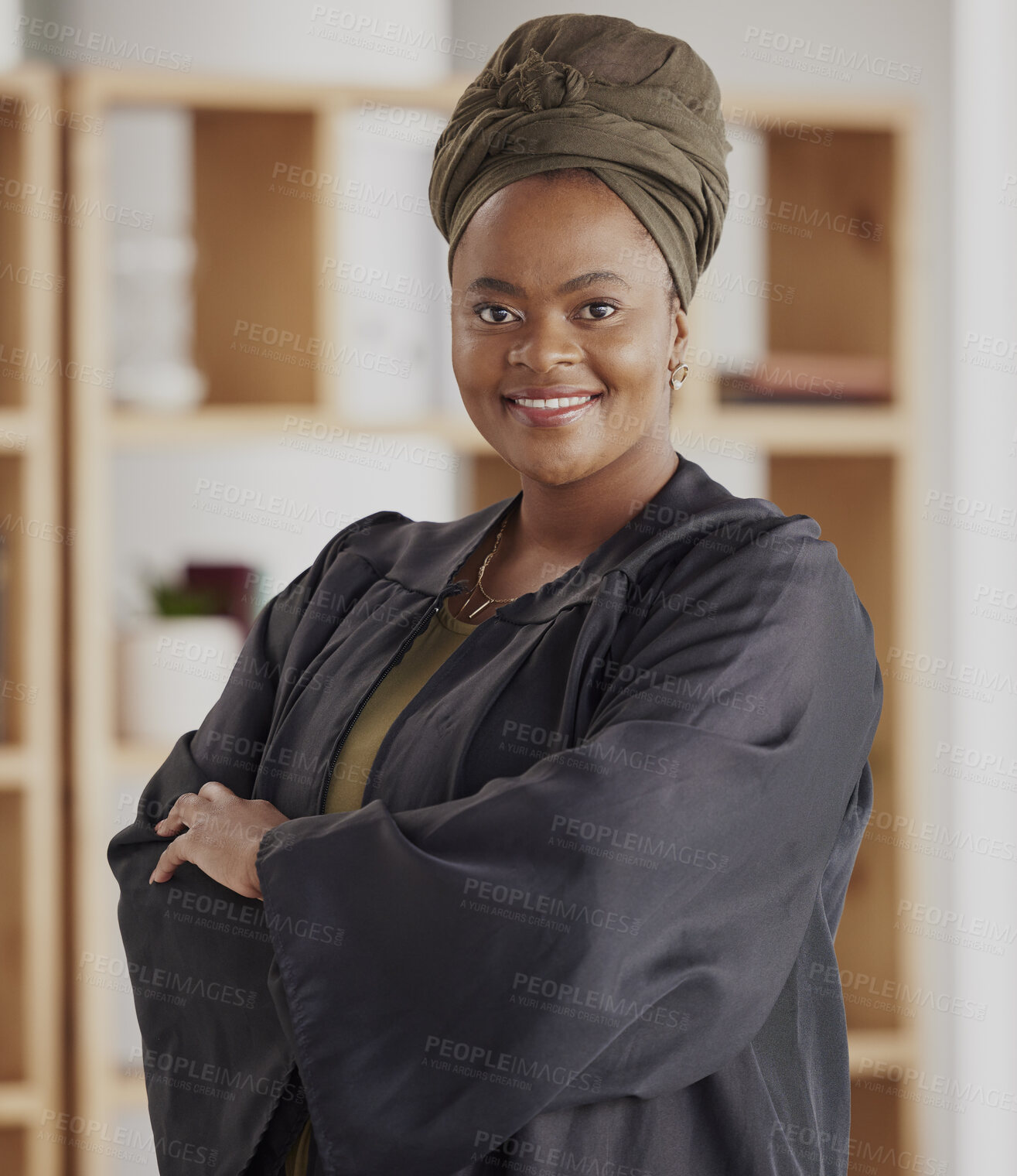 Buy stock photo Black woman, portrait and lawyer with confidence at office with leadership in career. Face, smile and confidence with attorney at legal agency is proud with empowerment or a positive mindset.