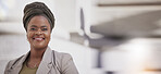 Corporate banner, happy and portrait of a black woman for business management, executive or career. Smile, office and a working African employee with mockup space for information about company