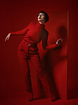 Fashion, art and makeup, woman with red board, futuristic cosmetics and unique studio background. Future aesthetic, retro culture and creative beauty, body of model in luxury designer brand clothes.