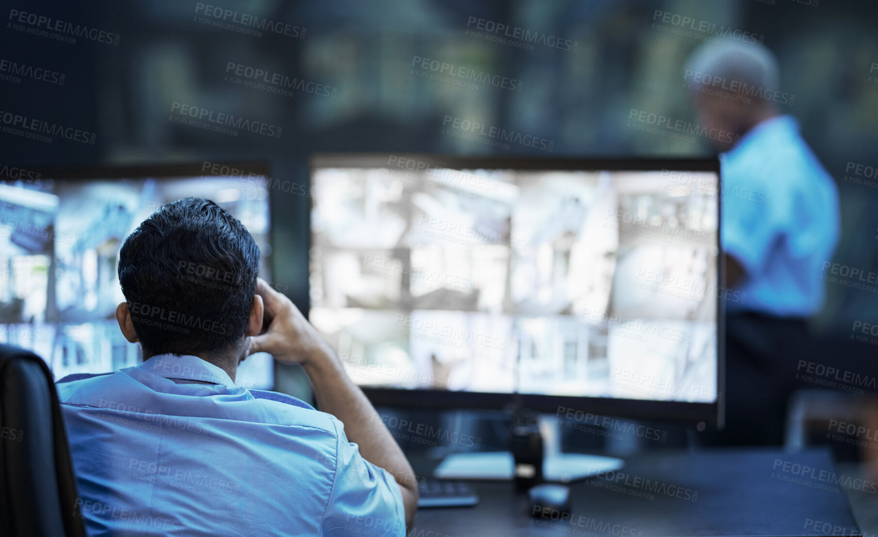 Buy stock photo Security guard in control room, man checking cctv screen in surveillance office for building safety. Inspection, technology and video stream to monitor crime, privacy and night protection service.