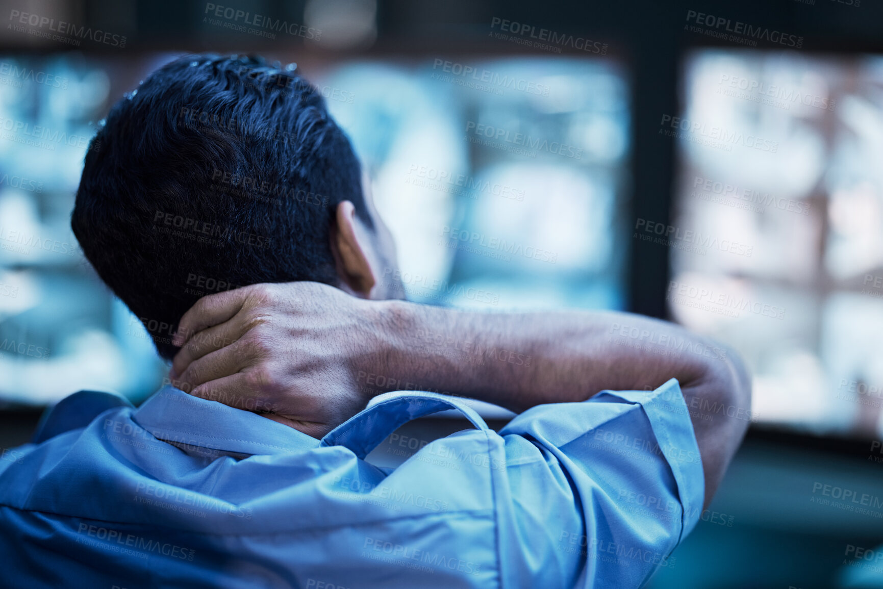 Buy stock photo Security, injury and man with neck pain at work from anxiety, surveillance burnout or stress. Emergency, medical accident and back of a worker with a muscle problem, sick or bad posture in an office