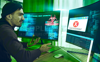 Buy stock photo Hacker, fraud and man with credit card at computer for phishing, scam or malware. Confused, neon dashboard and criminal person reading error information or mistake for theft with pc hologram
