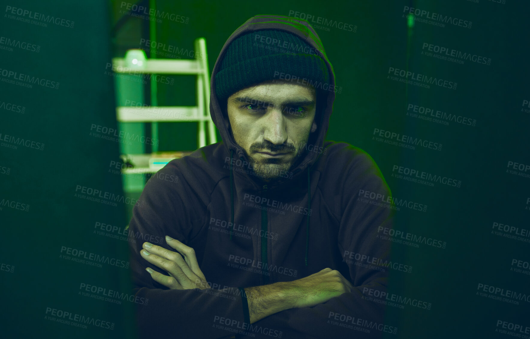 Buy stock photo Cybersecurity, crime and portrait of hacker in neon basement with code, fraud and online scam. Software criminal, serious and professional hacker on cyber attack, password thief with hoodie and tech.