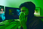 Man, crime or sick hacker with virus in office for coding, online fraud or computer cybersecurity at night. Tissue, thief or ill programmer blowing nose or working on software data scam with fever
