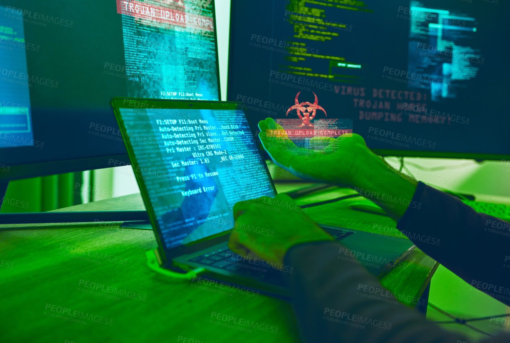 Buy stock photo Cybersecurity, crime and hands of hacker with virus in neon office with code, fraud and danger. Software, ransomware and web programmer on cyber attack, password thief coding online scam and hacking.
