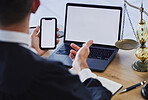 Phone screen, laptop and working at desk, office or lawyer reading communication, contract or information technology mockup. Mobile app, software on computer and cellphone for internet or web search