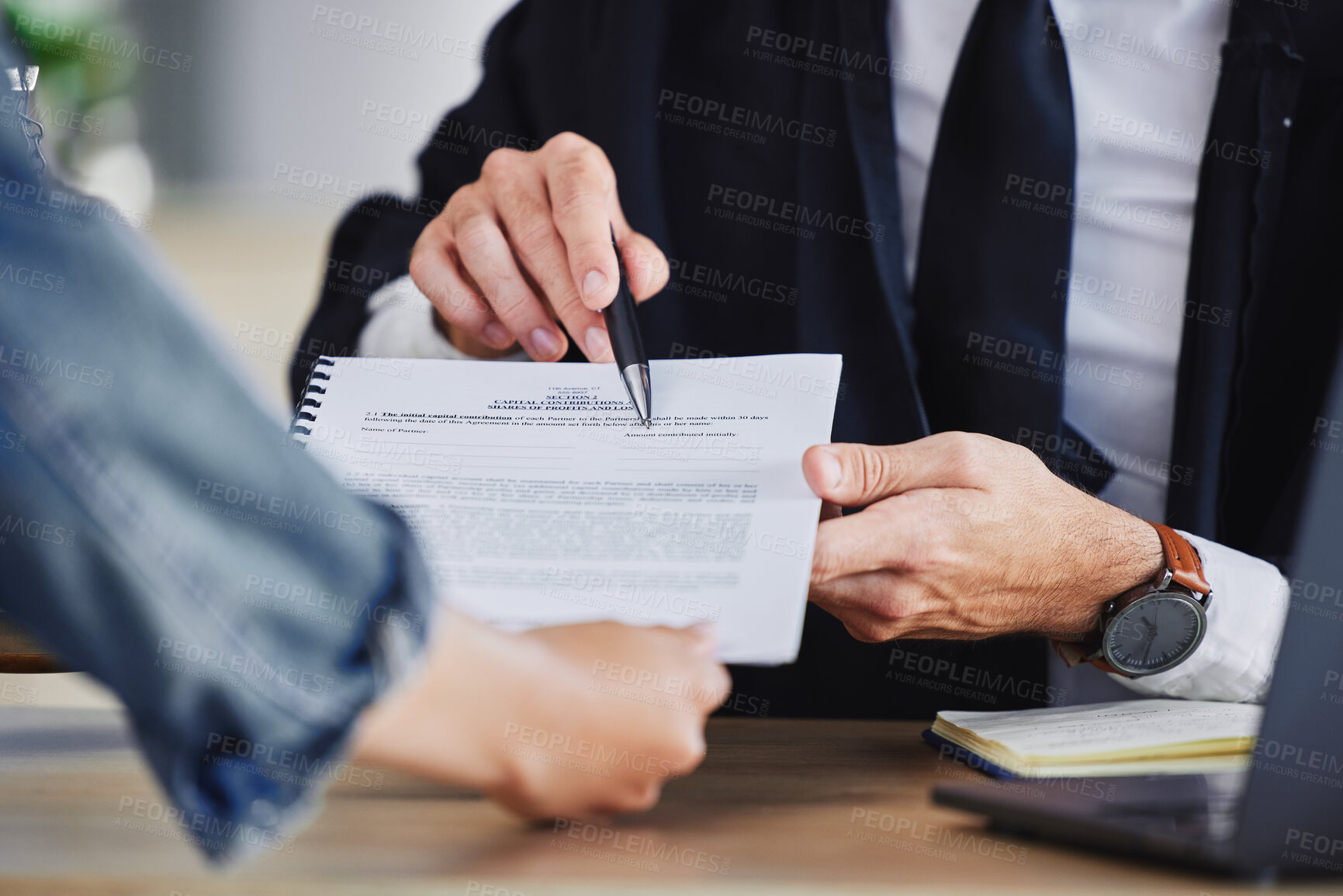 Buy stock photo Hands, client and lawyer with paperwork, contract and document for legal advice, application and letter. Closeup of financial advisor, broker and consulting report, documents and reading deal to sign