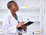 Black woman, pharmacist and tablet for inventory inspection or checking stock at the pharmacy. African female person in medical healthcare looking at shelf for pharmaceutical checklist on technology