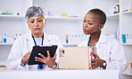 Woman, pharmacist and team with tablet or box in logistics for inventory inspection or stock at pharmacy. Medical or healthcare women with technology for supply chain, checklist or pharmaceuticals