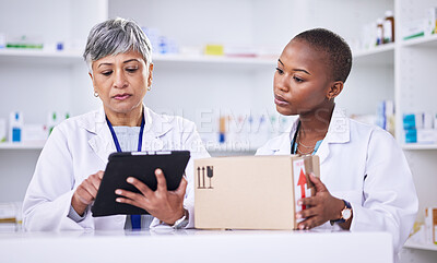 Buy stock photo Woman, pharmacist and team with tablet or box in logistics for inventory inspection or stock at pharmacy. Medical or healthcare women with technology for supply chain, checklist or pharmaceuticals