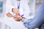 Thermometer, temperature check and hands of people at a pharmacy for healthcare, service or inspection. Medical, clinic and a pharmacist with a customer and gear for a virus test or exam in a store