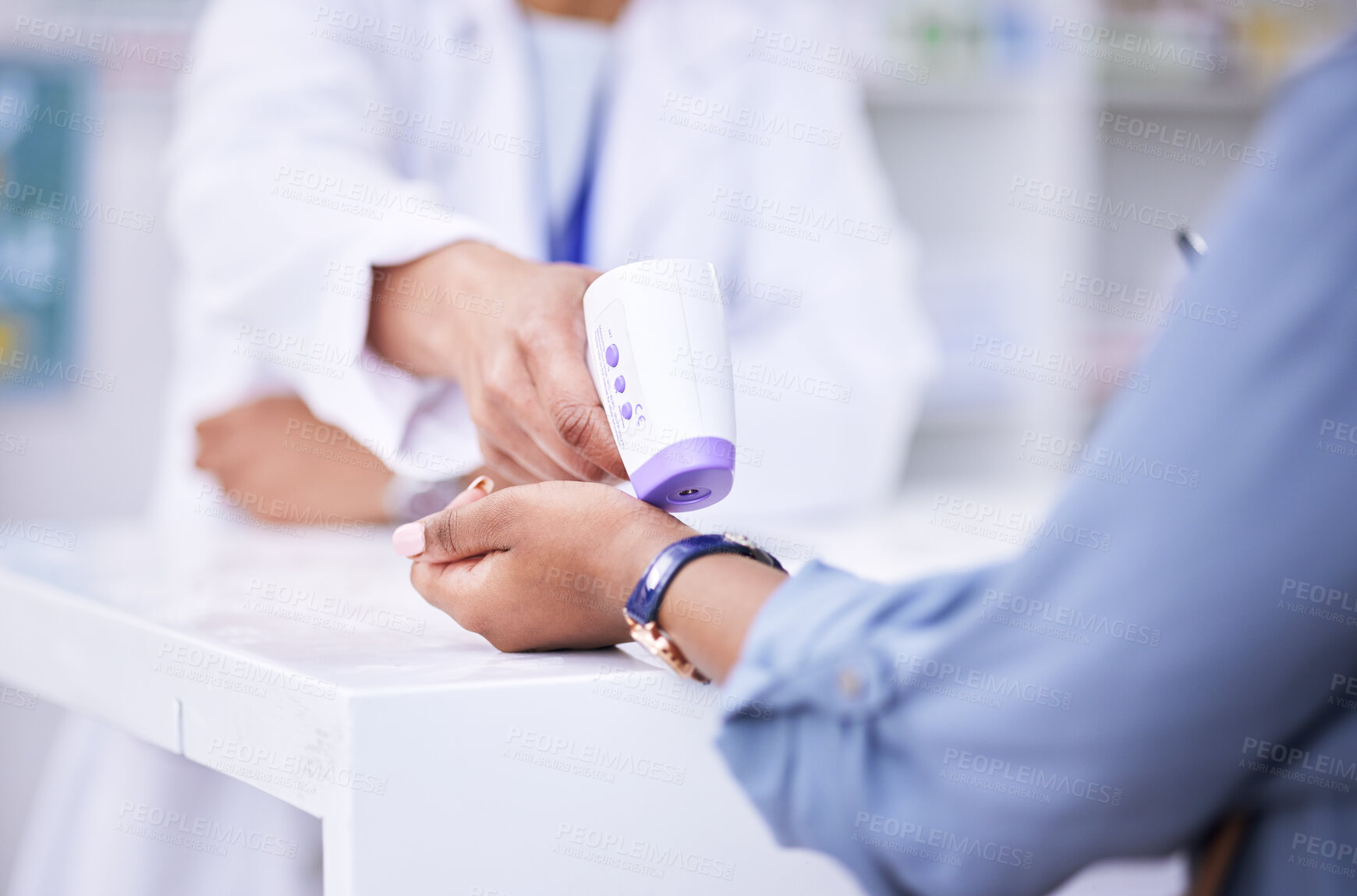 Buy stock photo Thermometer, temperature check and hands of people at a pharmacy for healthcare, service or inspection. Medical, clinic and a pharmacist with a customer and gear for a virus test or exam in a store