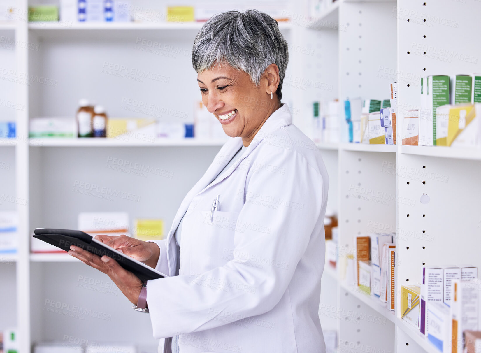 Buy stock photo Happy woman, pharmacist and tablet for inventory inspection, stock or Telehealth at the pharmacy. Senior female person smile in medical or healthcare store for pharmaceutical checklist on technology