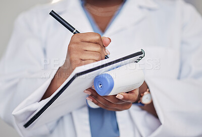 Buy stock photo Doctor, write and notes with hands or thermometer for research in clinic with report or information. Checklist, results and nurse with laser gun in closeup in hospital with documents for healthcare.