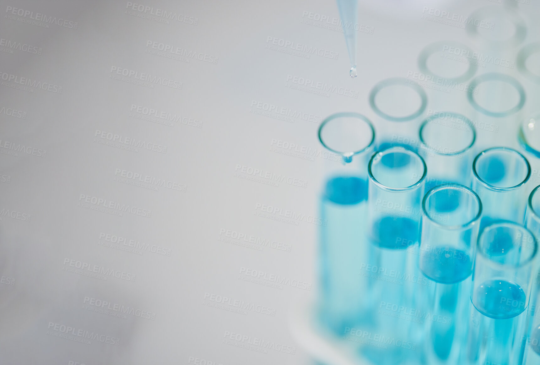 Buy stock photo Blue chemical in test tube, science and closeup with mockup space, medical research and chemistry in lab. Scientific study, experiment and biotechnology with liquid solution in glass container