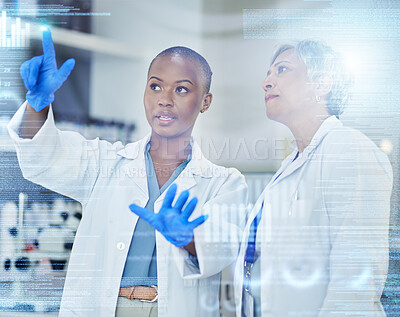 Buy stock photo Scientist, women with code and digital information with medical research data results with overlay in lab. Female doctor team, discussion and review science analytics with scientific graphs and chart