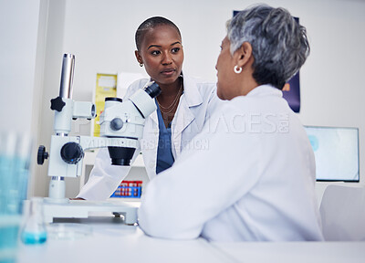 Buy stock photo Women, science and discussion of team at microscope for research, medical analysis and biotechnology in laboratory. Black woman listening to scientist for microbiology investigation, dna test or plan