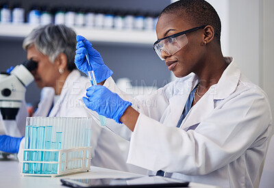 Buy stock photo Science, black woman and pipette with tube for test, research and investigation in laboratory. Female scientist working with dropper to study liquid sample, review solution and innovation of vaccine