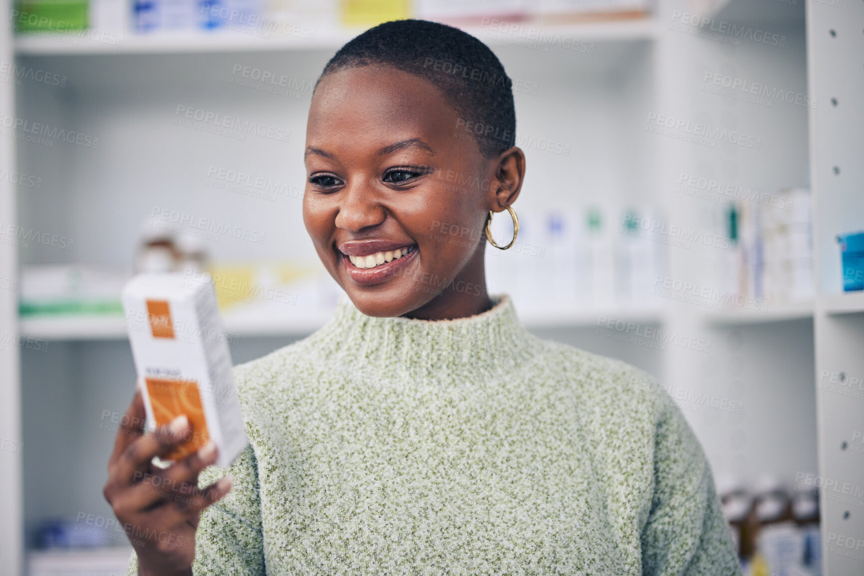 Buy stock photo Happy black woman, customer and box of medicine for medical medication at the pharmacy. African female person or patient shopping pharmaceutical product or drugs for healthcare cure at clinic store