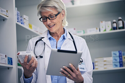 Buy stock photo Old woman, pharmacist and tablet to check medicine stock in pharmacy, drugstore or shop. Medical professional, inventory and happy doctor with technology, pills and reading supplements for healthcare