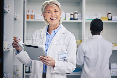 Buy stock photo Senior woman, pharmacist and portrait with tablet to check medicine stock in pharmacy. Medical professional, inventory and face of happy doctor with technology, pills or supplements for healthcare.