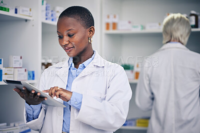 Buy stock photo Black woman, tablet and pharmacist with checklist for stock of medicine, information and advice on drugs. Digital list, pharmacy and medical professional with online inventory for telehealth at shelf