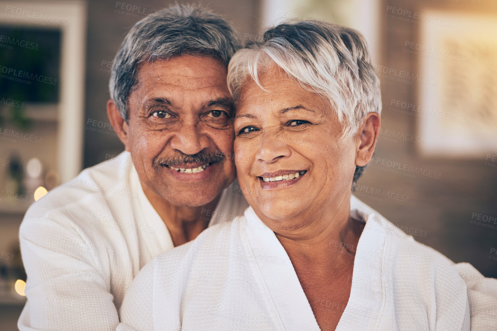 Buy stock photo Happy, love and portrait of old couple in spa for retirement, beauty treatment and skincare. Wellness, smile and hug with senior man and woman relax in salon for massage, hospitality and vacation
