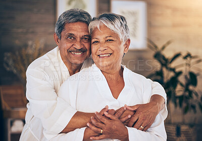 Buy stock photo Happy, hug and portrait of old couple in spa for retirement, beauty treatment and skincare. Wellness, smile and love with senior man and woman relax in salon for massage, hospitality and vacation