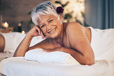 Buy stock photo Senior woman, massage and portrait with luxury treatment in retirement with a smile. Female person, beauty salon and spa room together with cosmetics, wellness and happy from peace and hospitality