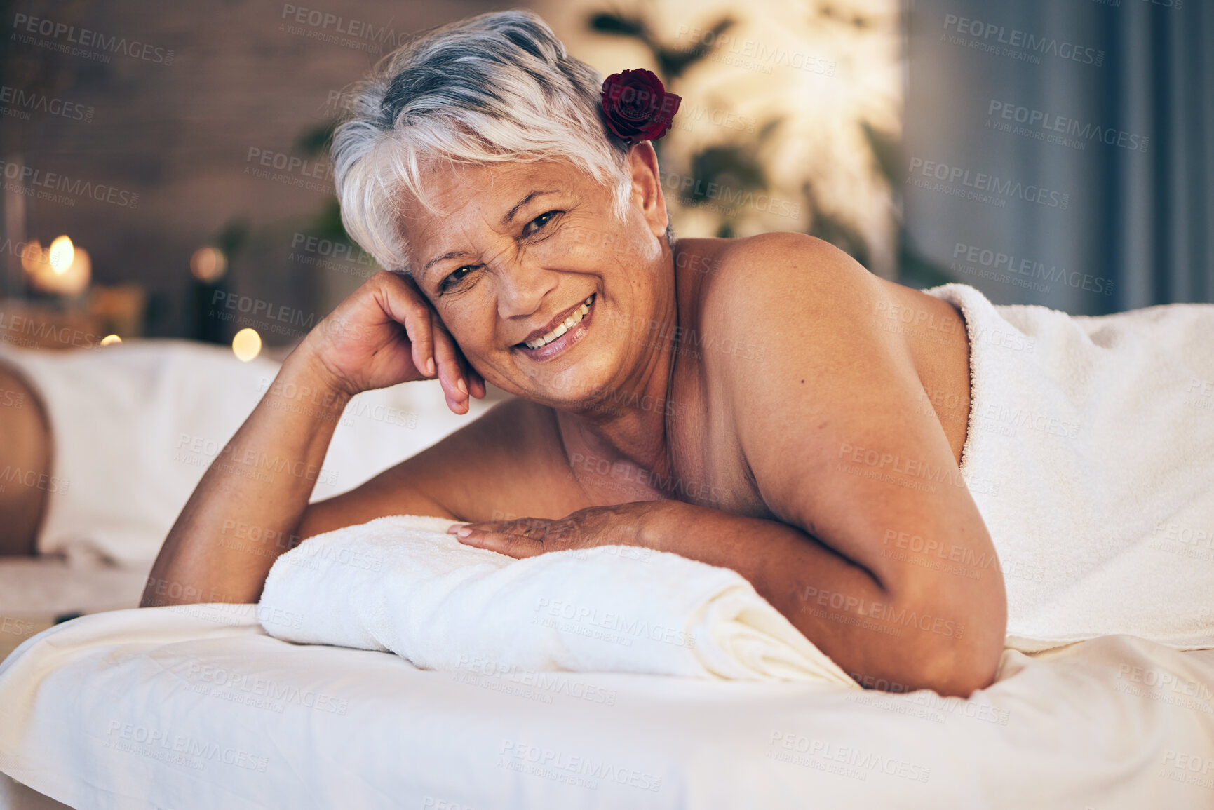 Buy stock photo Senior woman, massage and portrait with luxury treatment in retirement with a smile. Female person, beauty salon and spa room together with cosmetics, wellness and happy from peace and hospitality