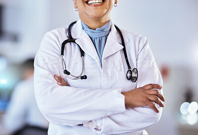 Buy stock photo Doctor, arms crossed and stethoscope of a woman in a hospital for healthcare or cardiology. Closeup of a professional female medical worker ready for consultation, medicine and health check up