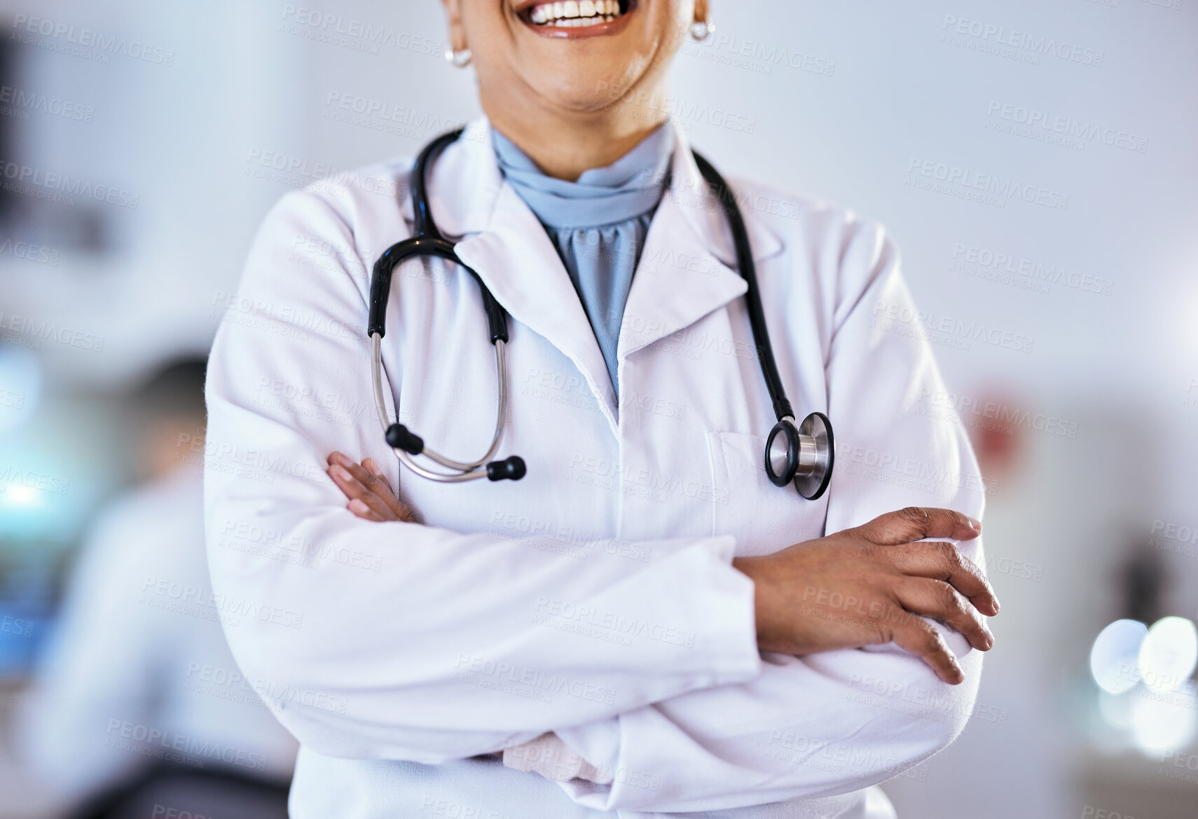 Buy stock photo Doctor, arms crossed and stethoscope of a woman in a hospital for healthcare or cardiology. Closeup of a professional female medical worker ready for consultation, medicine and health check up