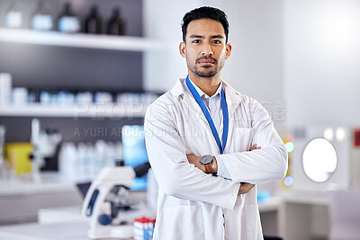 Buy stock photo Scientist, man and arms crossed in portrait, science study for medical research in laboratory with confidence. Biotechnology, serious male doctor and scientific experiment, future and investigation 