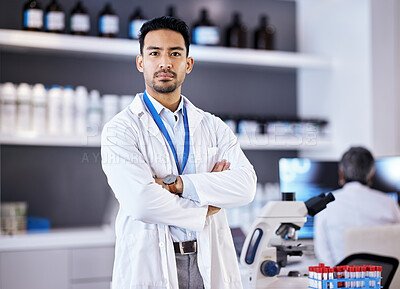 Buy stock photo Lab, research and portrait of man scientist serious for innovation and medical vaccine development in a laboratory. Expert, focus and professional in a pharmaceutical facility with motivation