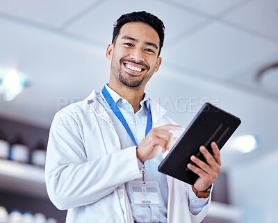 Buy stock photo Scientist, man with tablet and smile in portrait, digital science data for medical research in lab. Biotech, male doctor with scientific experiment results and future, investigation and knowledge