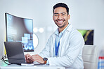Scientist, portrait and man on laptop in laboratory for medical research, innovation and data analysis. Happy asian male researcher working on computer for digital test, biotechnology and science