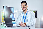 Scientist, portrait and man at laptop, smile and laboratory for medical development, innovation and online test. Happy asian male researcher working on computer data, science report and biotechnology