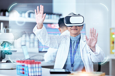 Buy stock photo Senior scientist, woman with virtual reality and graphs, digital science data for medical research in lab with overlay. Dashboard, female doctor and experiment stats with metaverse and investigation