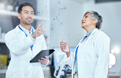 Buy stock photo Planning, board and team of scientists with a tablet standing and working on pharmaceutical innovation. Brainstorming, teamwork and researchers with digital technology for research on medical project