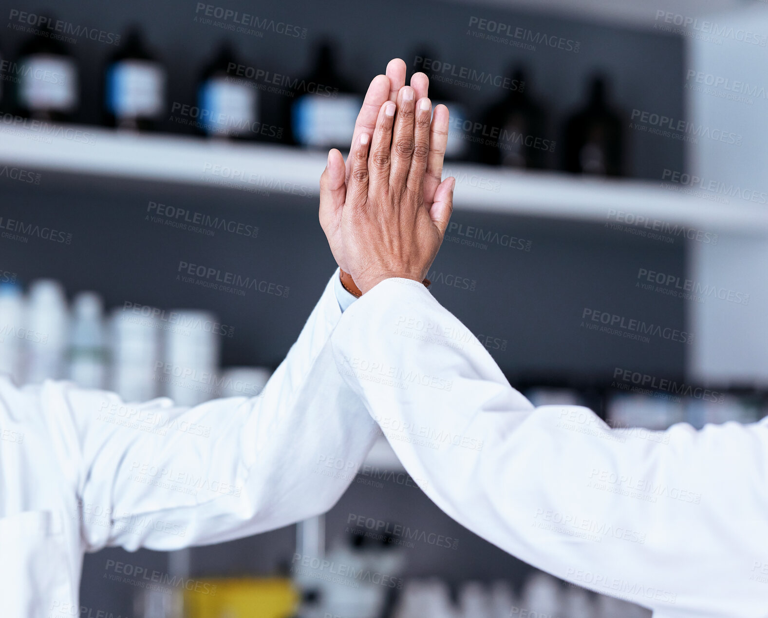 Buy stock photo Scientist teamwork, high five and hands in laboratory for motivation, goals or success in pharma company. Team building, congratulations or collaboration in science job for results with vaccine trial