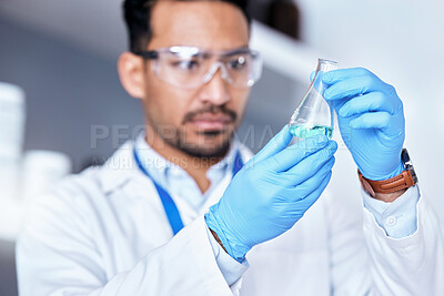 Buy stock photo Glass flask, laboratory and scientist man for research, medical analysis and exam or healthcare investigation. Focus, blue liquid and science person, expert or doctor with test, chemistry or medicine