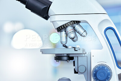Buy stock photo Microscope, science and medical with research, analysis and sample with testing, cure and diagnosis. Lab equipment, tools and studying bacteria with healthcare innovation, lens and virus experiment