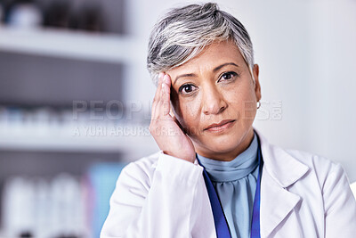 Buy stock photo Scientist portrait, headache and senior woman depressed about clinic mistake mental health problem or healthcare anxiety. Face, migraine pain and lab person stress from science risk, burnout or fail